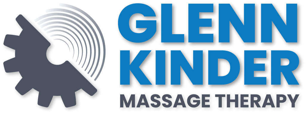 Glenn Kinder Massage Therapy logo for Brooklyn, Melbourne’s west, with a grey gear and blue-grey text highlighting massage services.